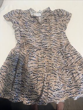 HUNTER BELL Tan, Navy, White Printed Ruffle Blouse